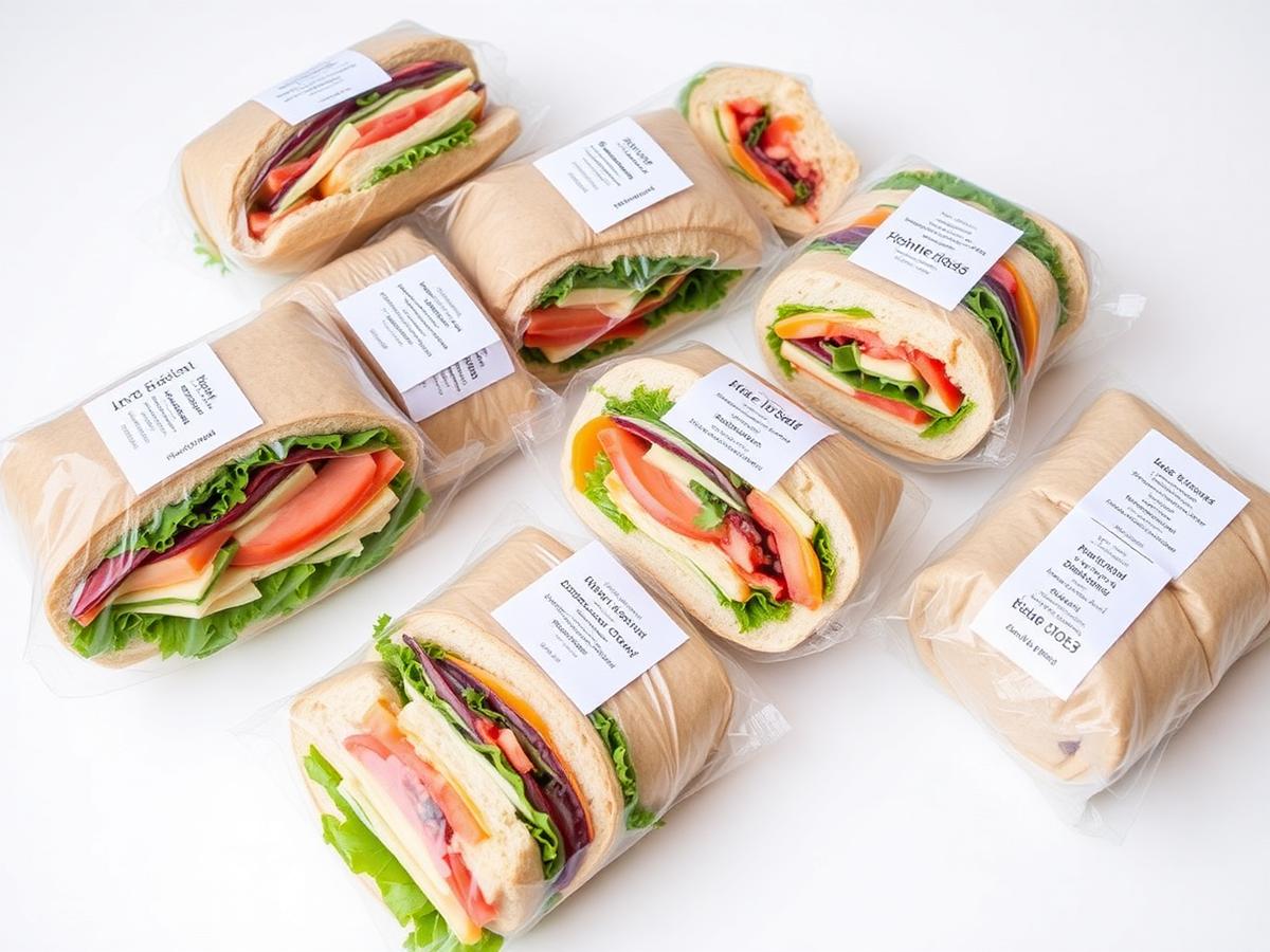 Sanduíches e wraps embalados prontos para distribuição